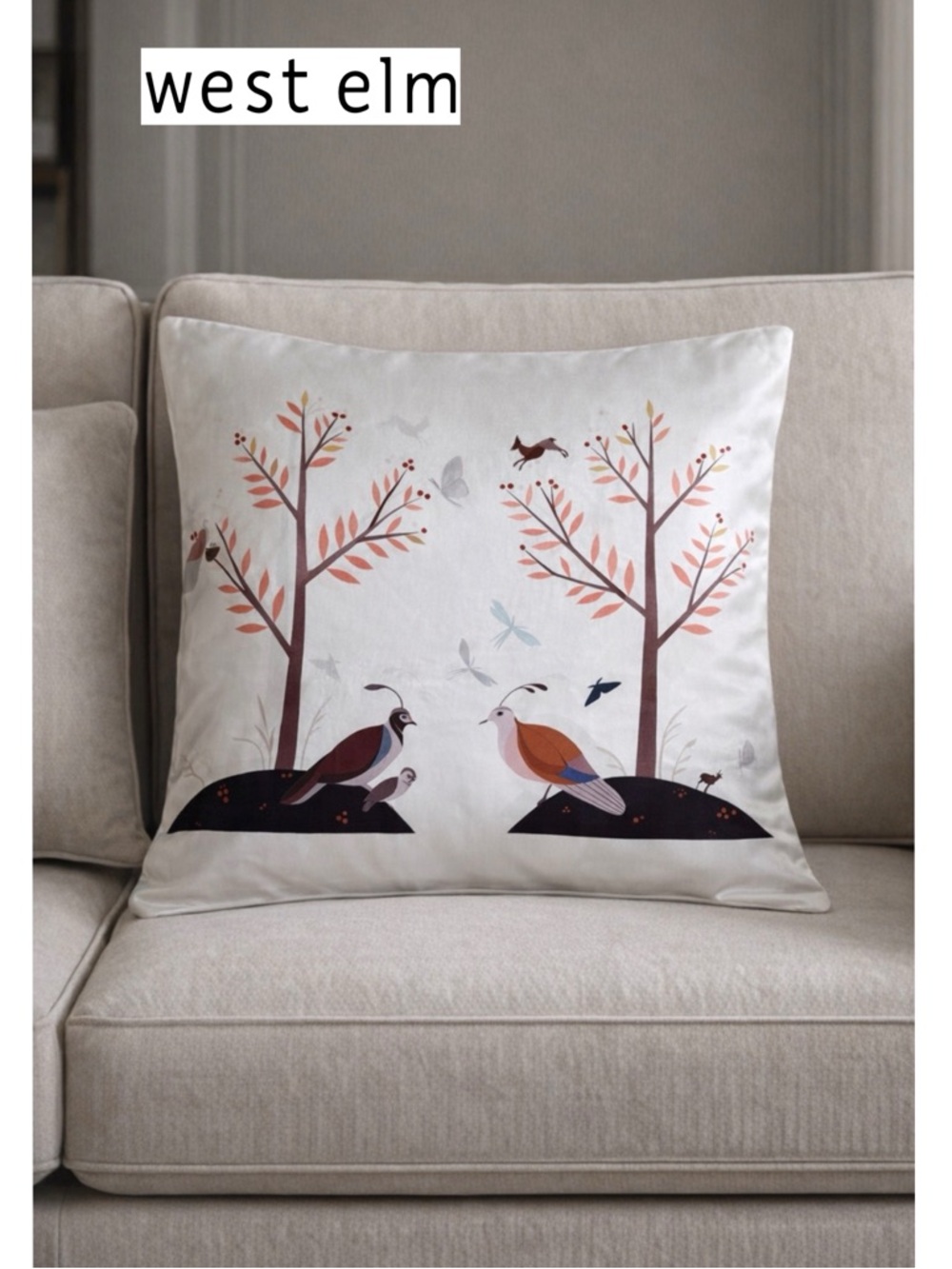 West Elm Silk Pillow Cover 20x20 Nature Print Bird Tree Minimalist Boho Decor